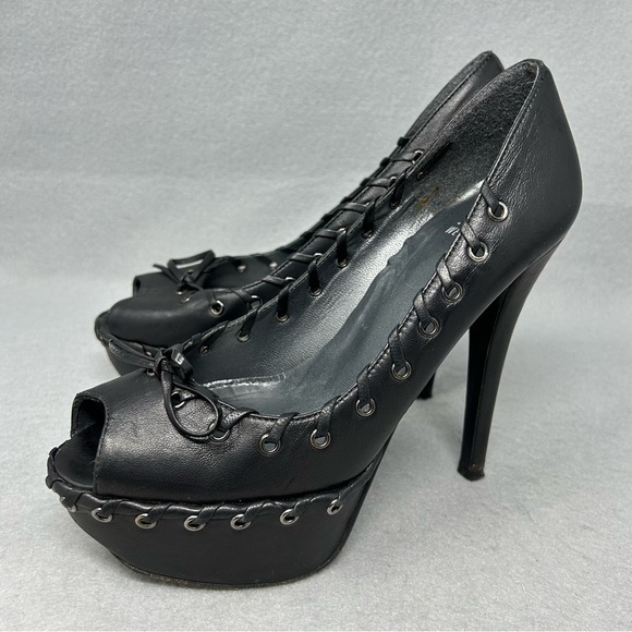 STUART WEITZMAN Black Leather Bow Toe Open Toe Platform Heels, Women’s size 6M - Picture 1 of 13